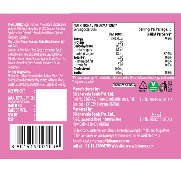 Bikano Rose Syrup 750 ml - Bikano