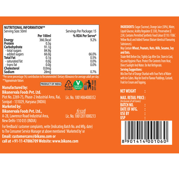Bikano Orange Syrup 750 ml