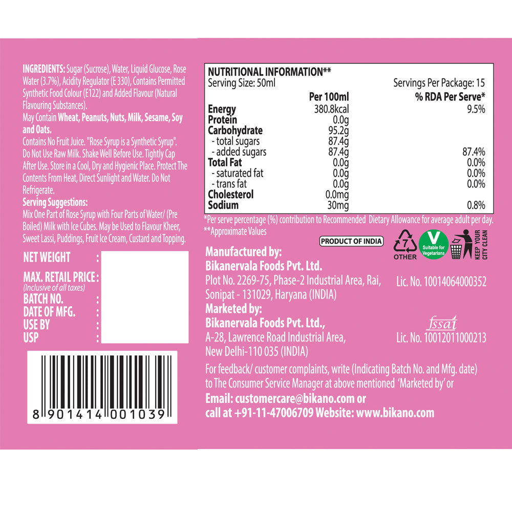 Bikano Rose Syrup 750 ml - Bikano